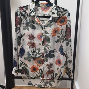 Pleione Floral Pattern Sheer Button Down Blouse